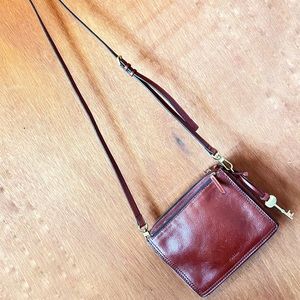 Fossil Campbell Crossbody Purse - Gold Key Charm - Small Brown Leather Bag